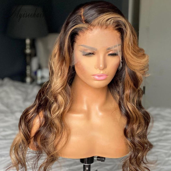 MYISEEHAIR Highlight Color Body Wave Virgin Human Hair 13x6 HD Lace Front Wigs With Fake Scalp ISEE97