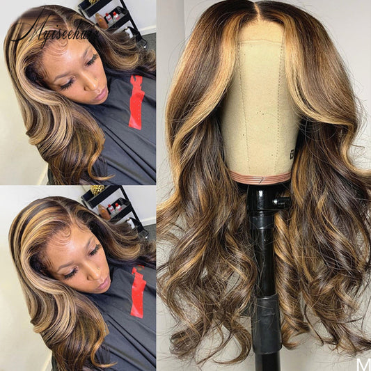 MYISEEHAIR RENA LACE FRONT HIGHLIGHT COLOR WIG HUMAN HAIR BROWN STREAKS ISEE04