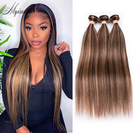 Myiseehair 3 Bundles Straight Human Virgin Hair Highlight Color Hair Extension
