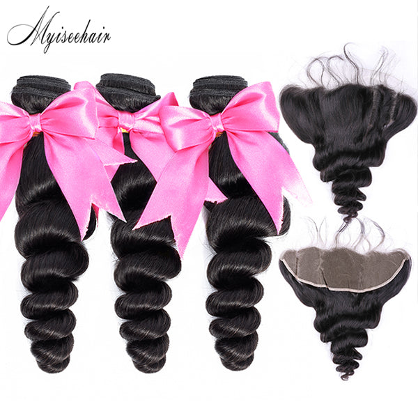Myiseehair Lace Frontal 13X4 With 3 Bundles Loose Wave Virgin Human Hair Natural Black Color