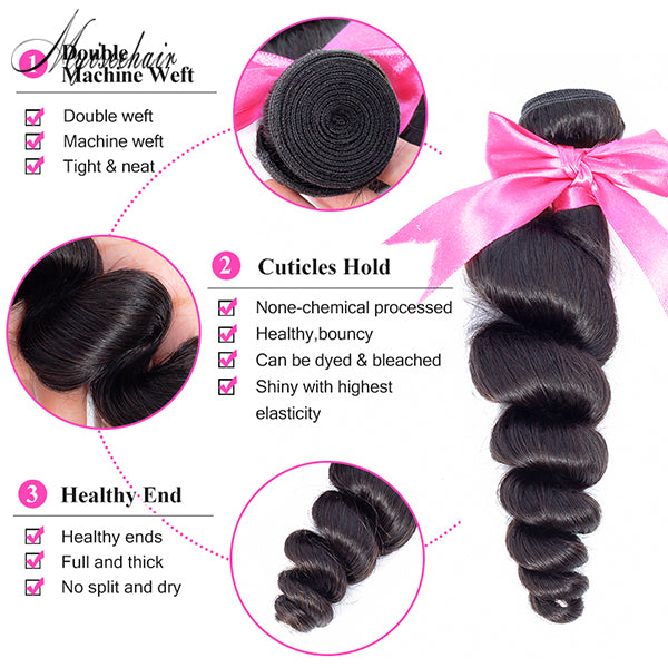 Myiseehair Lace Frontal 13X4 With 3 Bundles Loose Wave Virgin Human Hair Natural Black Color