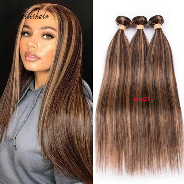 Myiseehair 3 Bundles Straight Human Virgin Hair Highlight Color Hair Extension