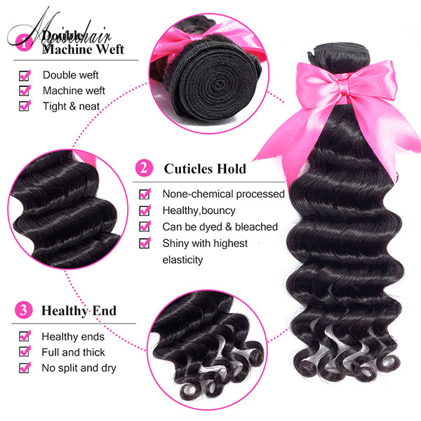 Myiseehair Lace Closure 4X4 with 3 Bundles Ocean Wave Virgin Human Hair Natural Black Color