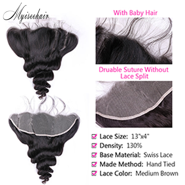 Myiseehair Lace Frontal 13X4 With 3 Bundles Loose Wave Virgin Human Hair Natural Black Color