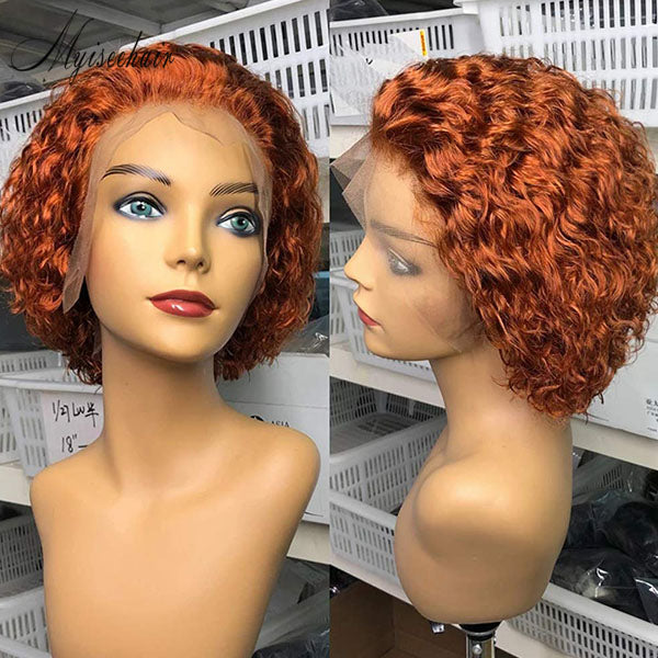 Myiseehair 150% Density  Lace Front Wig Orange Human Hair For Women Ginger Curly Pixie Cut Short Bob ISEE105