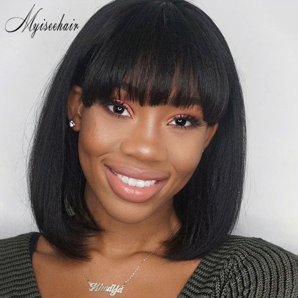 Myiseehair Bob Cut Full Lace Human Hair Wig Pre Plucked Natural Hair With Bangs  ISEE95