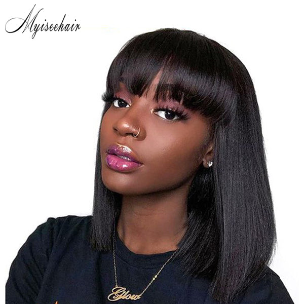 Myiseehair Bob Cut Full Lace Human Hair Wig Pre Plucked Natural Hair With Bangs  ISEE95