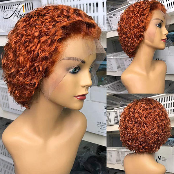 Myiseehair 150% Density  Lace Front Wig Orange Human Hair For Women Ginger Curly Pixie Cut Short Bob ISEE105