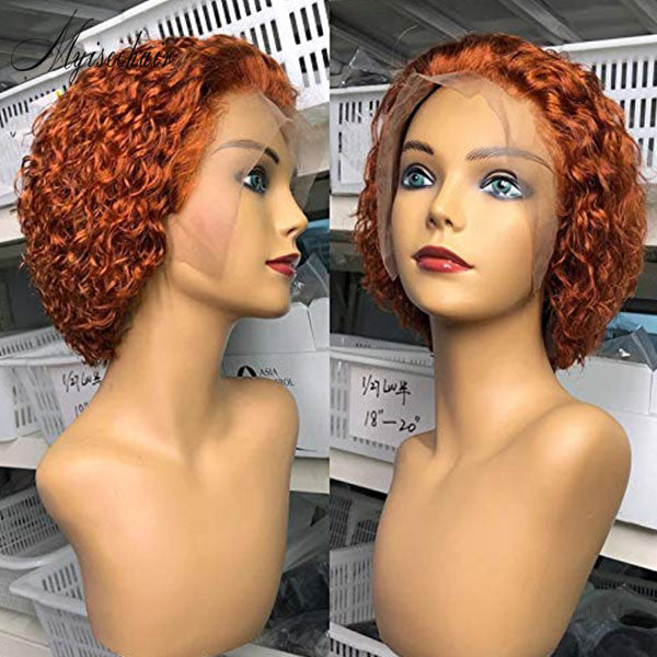 Myiseehair 150% Density  Lace Front Wig Orange Human Hair For Women Ginger Curly Pixie Cut Short Bob ISEE105