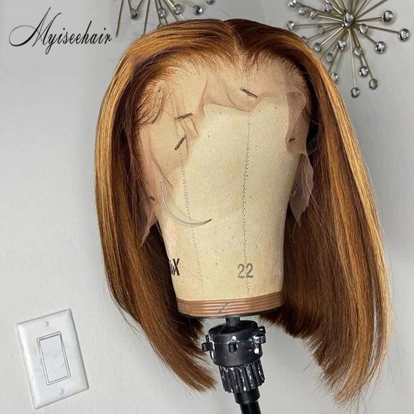 MYISEEHAIR EVA COLORED BOB HUMAN HAIR WIG LIGHT BLONDE FACE FRAME HIGHLIGHTS LACE FRONT WIG ISEE05
