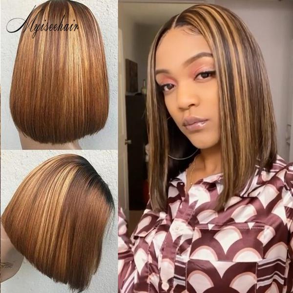MYISEEHAIR EVA COLORED BOB HUMAN HAIR WIG LIGHT BLONDE FACE FRAME HIGHLIGHTS LACE FRONT WIG ISEE05