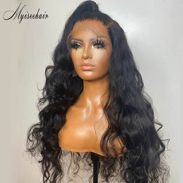 MYISEEHAIR BLACK HUMAN HAIR WIG WAVY 360 LACE FRONTAL WITH HIGH PONYTAIL ISEE21